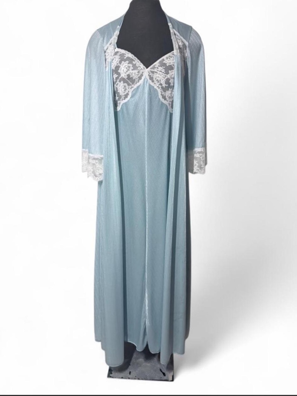 Vintage Miss Elaine Blue Lace Peignoir Nightgown Robe Set S USA